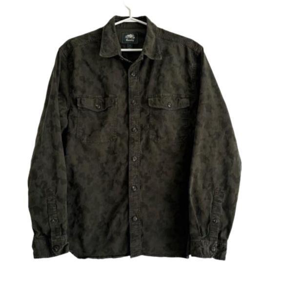 Roots men's green camo print button down long sleeve cotton blend shirt size L - Picture 2 of 14